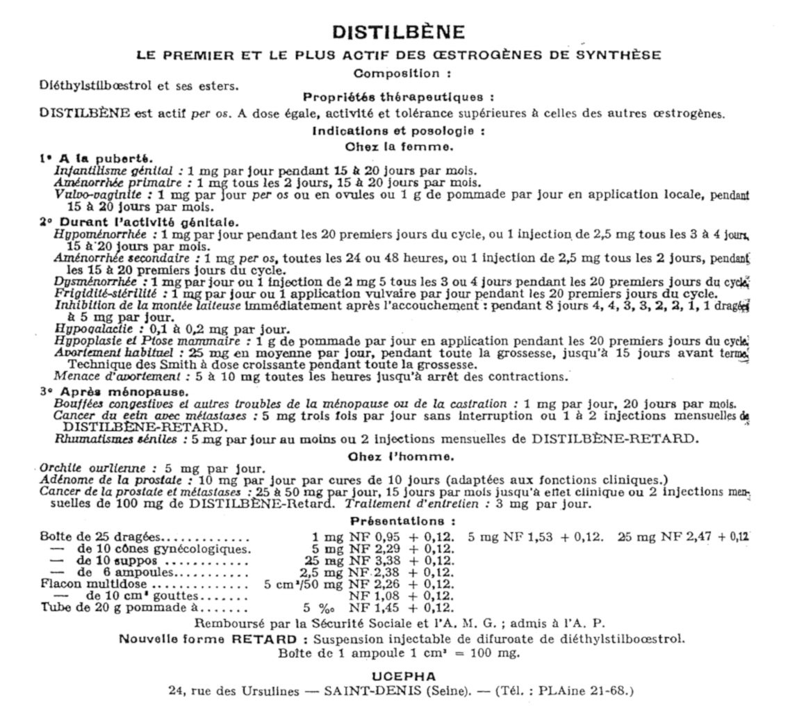 Monographie du dictionnaire Vidal 37e édition concernant le diéthylstilbestrol Distilbène en 1961