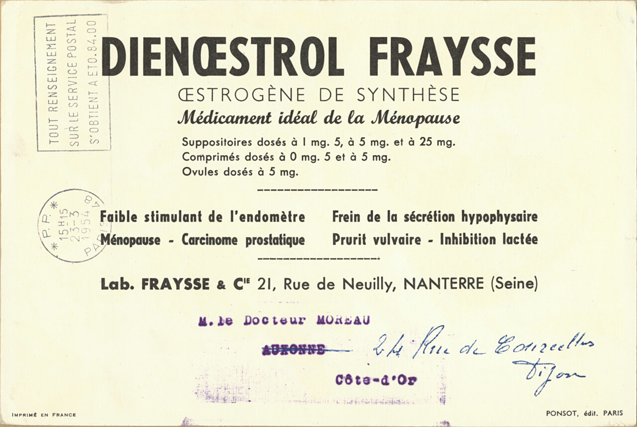 Pharmaceutical Blotter Advertising Dienoestrol Fraysse, Published by Fraysse & C Laboratories, Illustration by Albert DUBOUT (back)